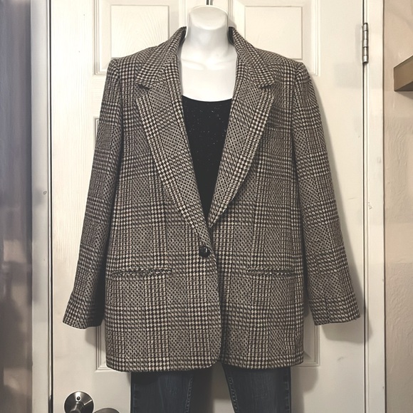 Brown Wool Plaid One Button Vintage Blazer By Georgia Sant’Angelo - Picture 2 of 13